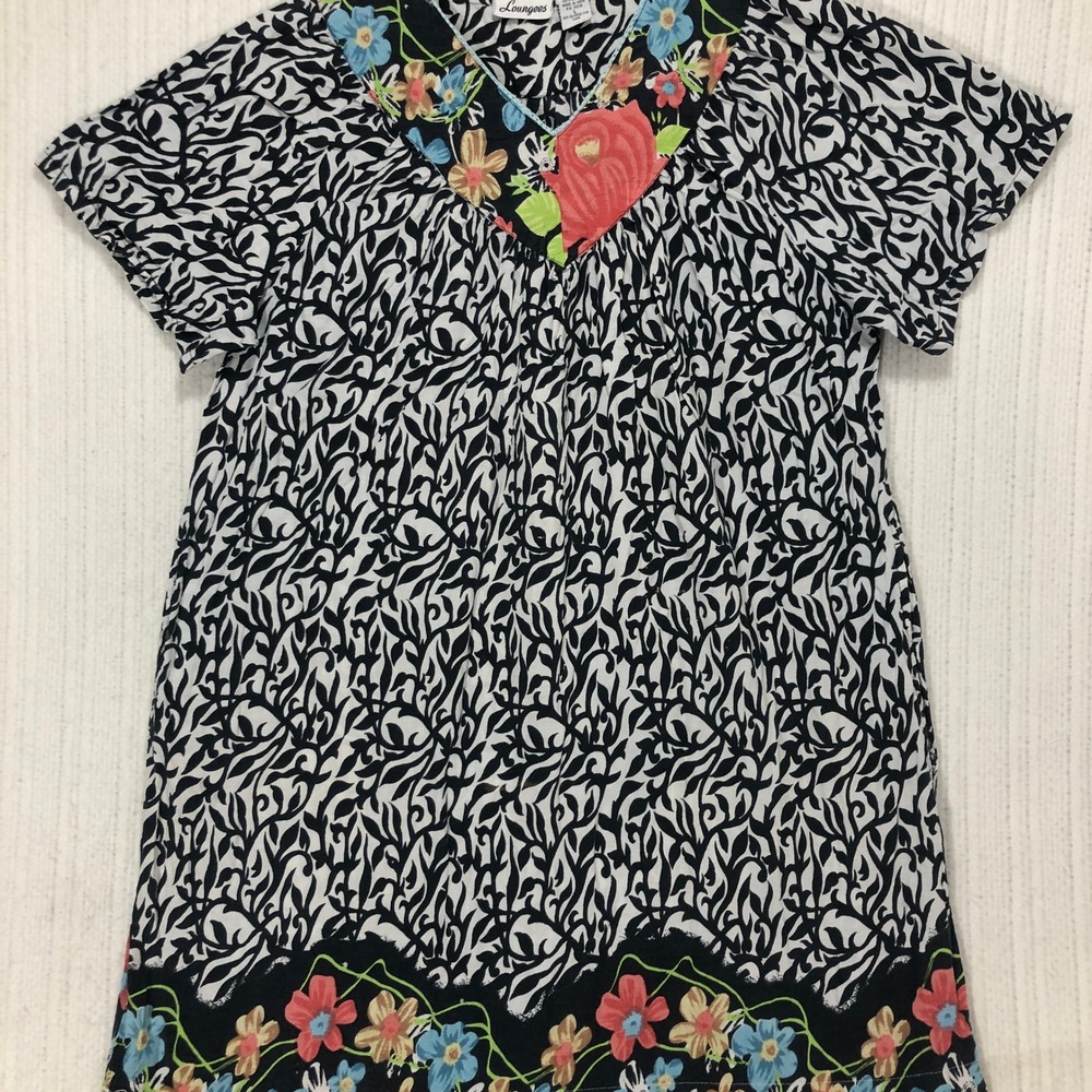 Loungees Womens Cotton Floral Scroll Print Short Sleeve House Dress L